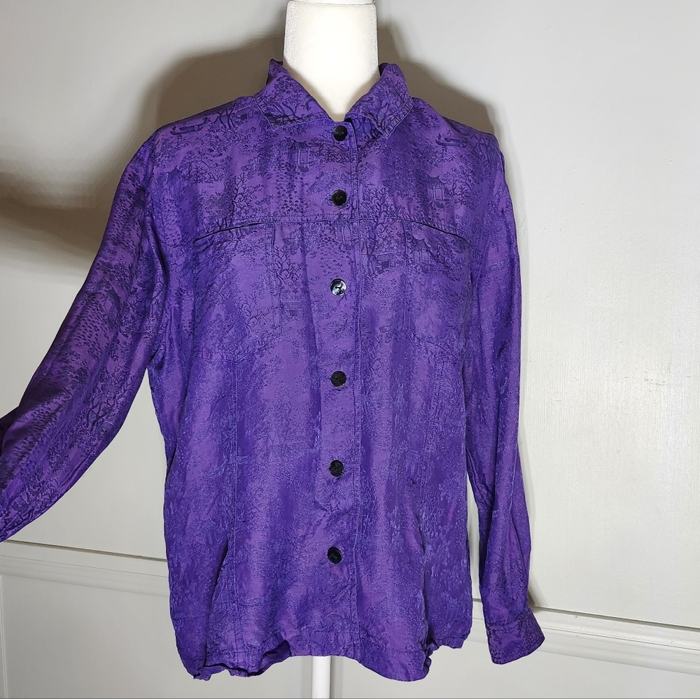 Vintage Silk Old Asian Town Embroidered Pattern Button-Up Shirt